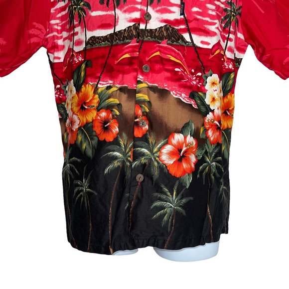 Palmwave Hawaii Fire Red Hawaiian Beach Volcano Floral Ocean Shirt Men's M - Picture 3 of 10